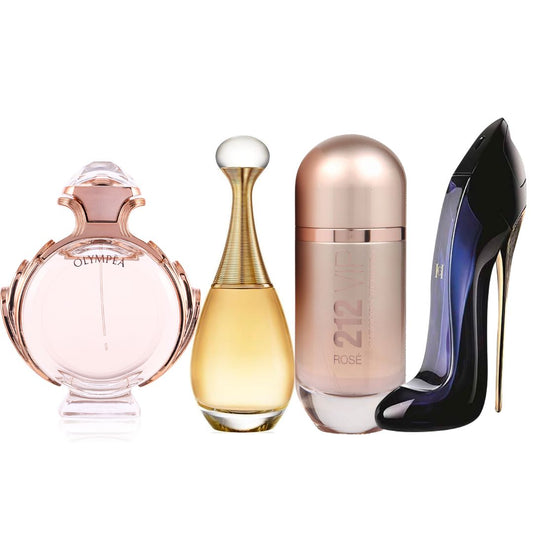 KIT PERFUMES 1.1 (OLYMPEA 80 ML + JADORE 100 ML + 212 VIP ROSE 80 ML + GOOD GIRL 80 ML) KIT PERFUMES GRAN CALIDAD )